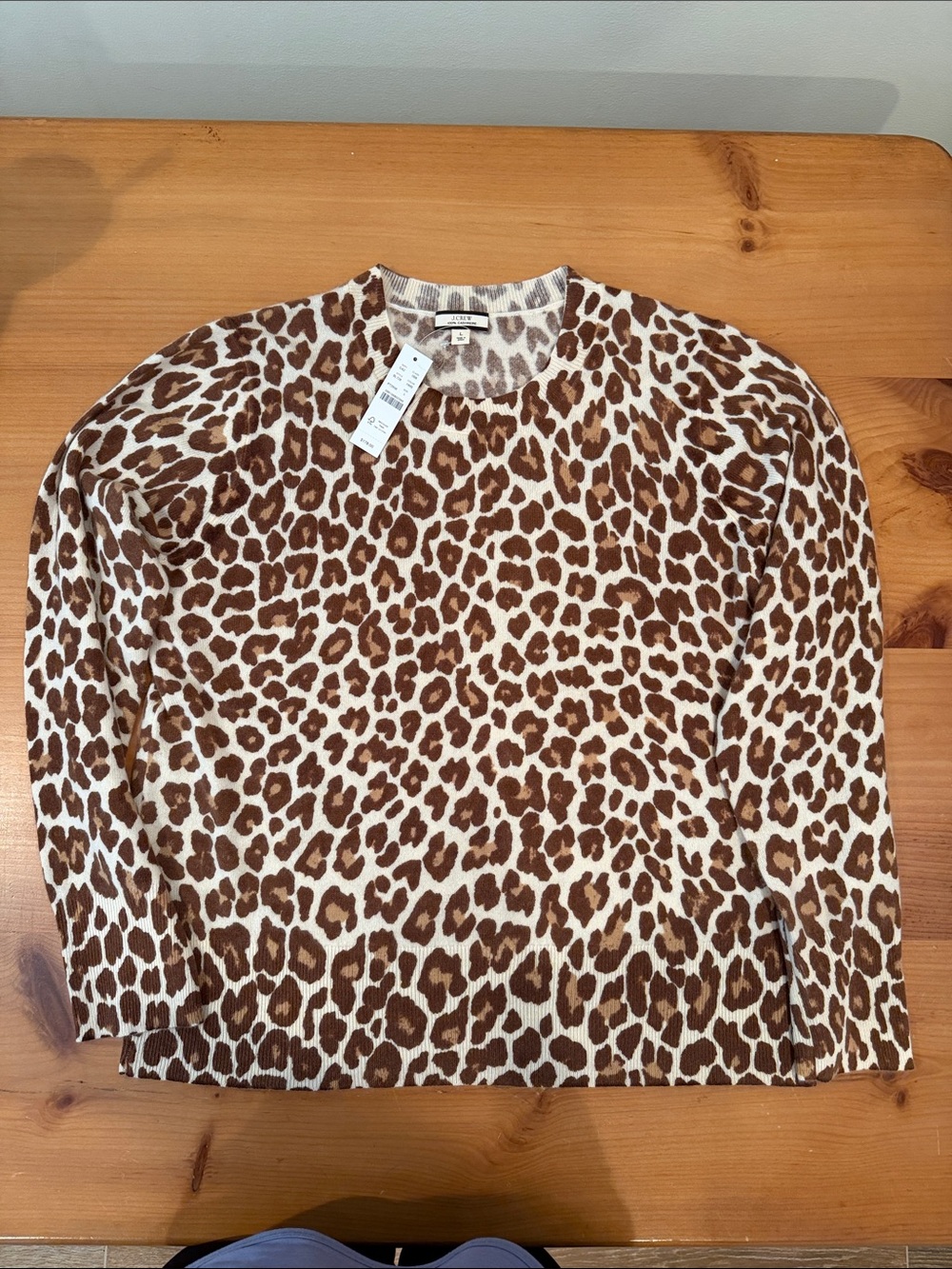 J. Crew Brown and White Cashmere Leopard Crewneck Sweater